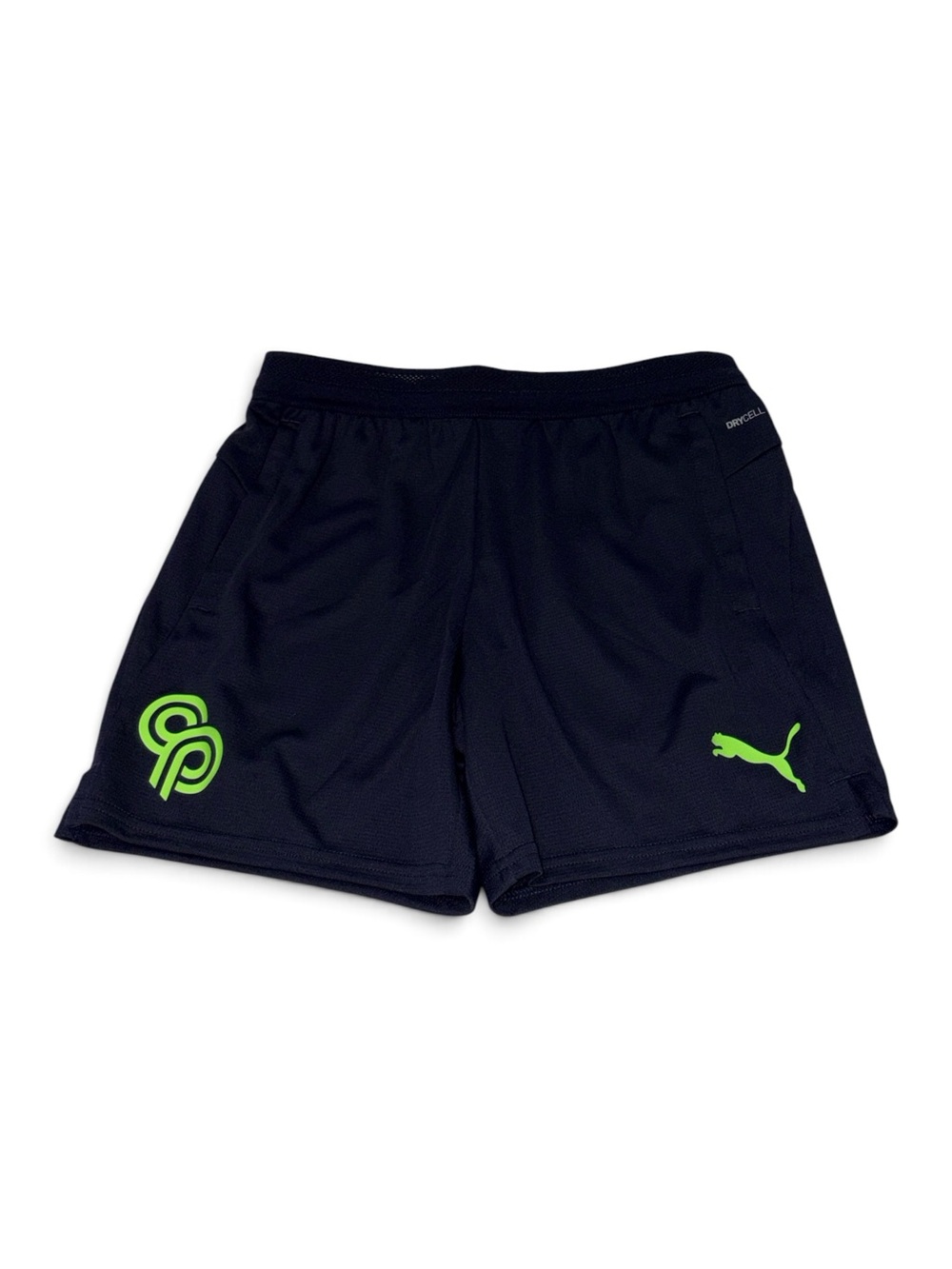 Puma Youth Large Navy Blue Athletic Shorts with Neon Green Logos